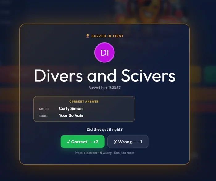 Host screen showing which team buzzed in first, with correct/wrong buttons